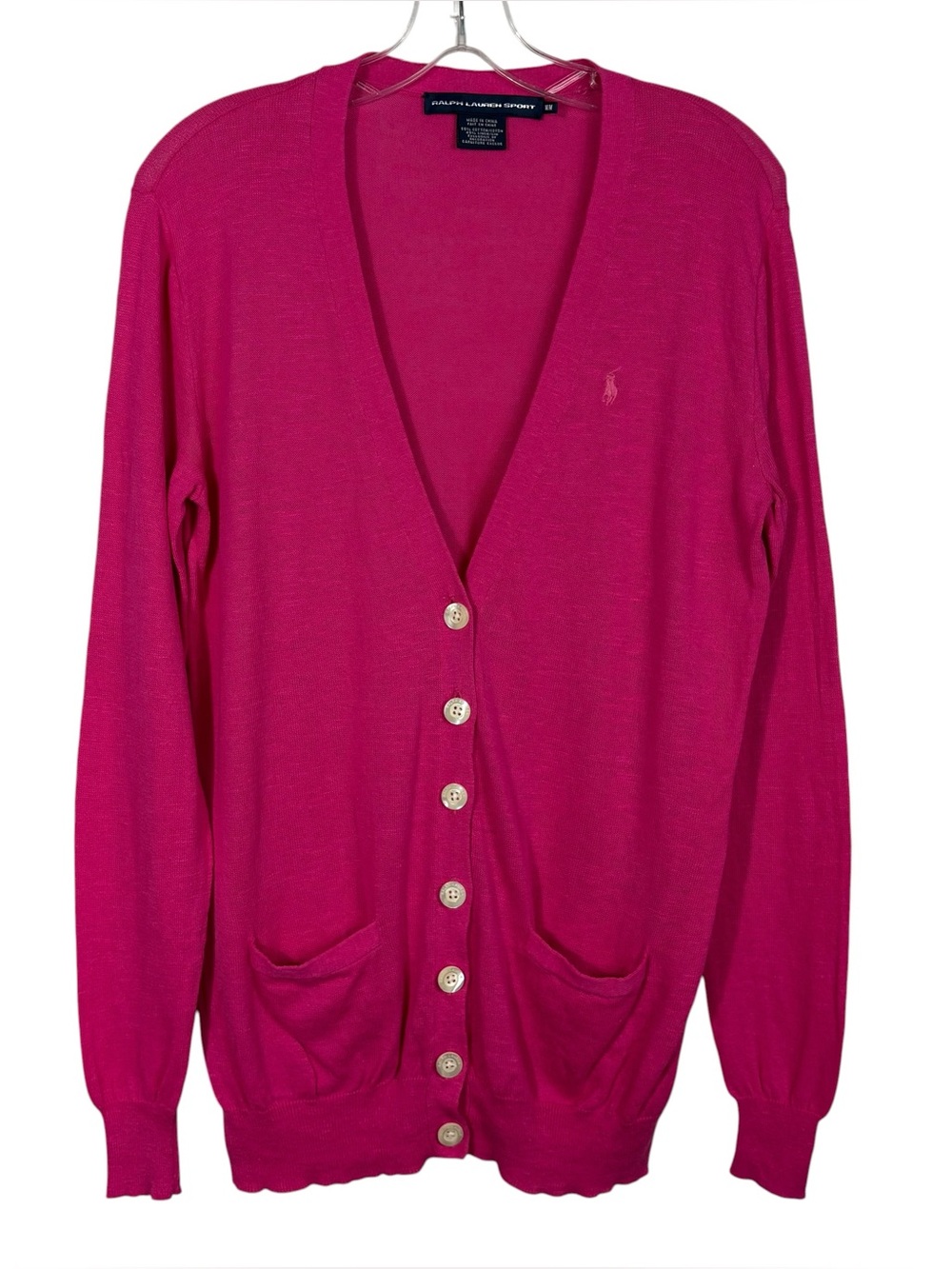 Ralph Lauren Sport Hot Pink Linen Blend Button Down Lightweight Cardigan Preppy